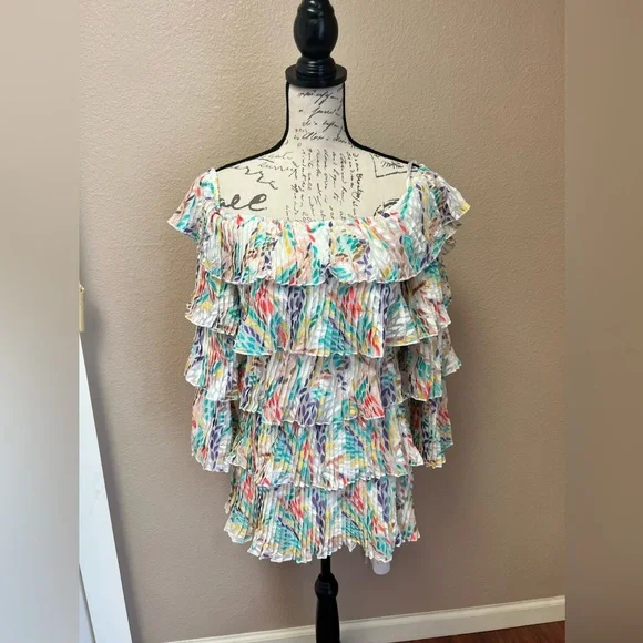 Michael Costello x Revolve Off the Shoulder Print Pleated Ruffle Dress Size S